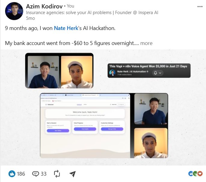 Azim's post on winning Nate Herk's AI hackathon