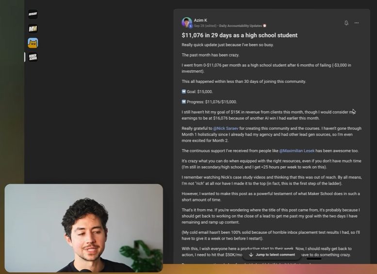 Nick Saraev reading Azim's $11,076 month post on video