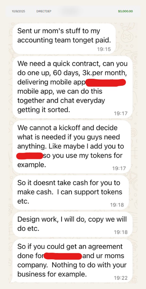 $3,000 retainer deposit and the client chat agreeing a $3K per month, 60-day contract