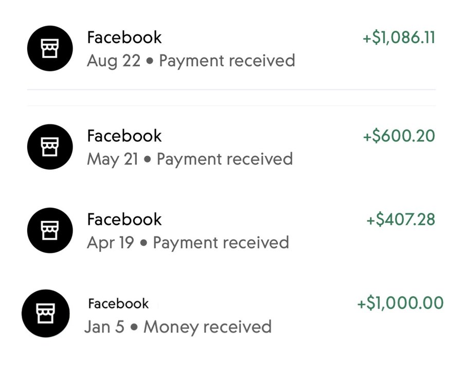 Facebook payouts to the Valens Health page